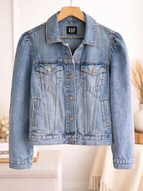 GAP Medium Wash Denim Jacket XL Puff Sleeve Classic Button Front